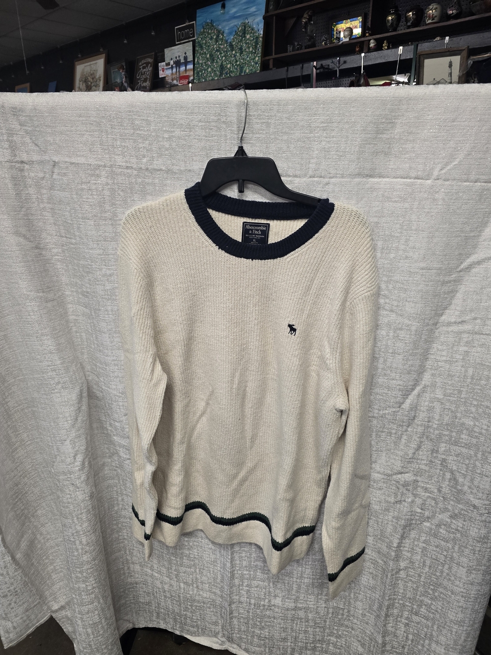 Abercrombie & Fitch Men's Cream Crewneck Sweater with Navy Trim Sz XL